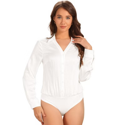 INSPIRE CHIC Women's Business Button Down One-piece Collared Long Sleeve Bodysuit Large White | Target