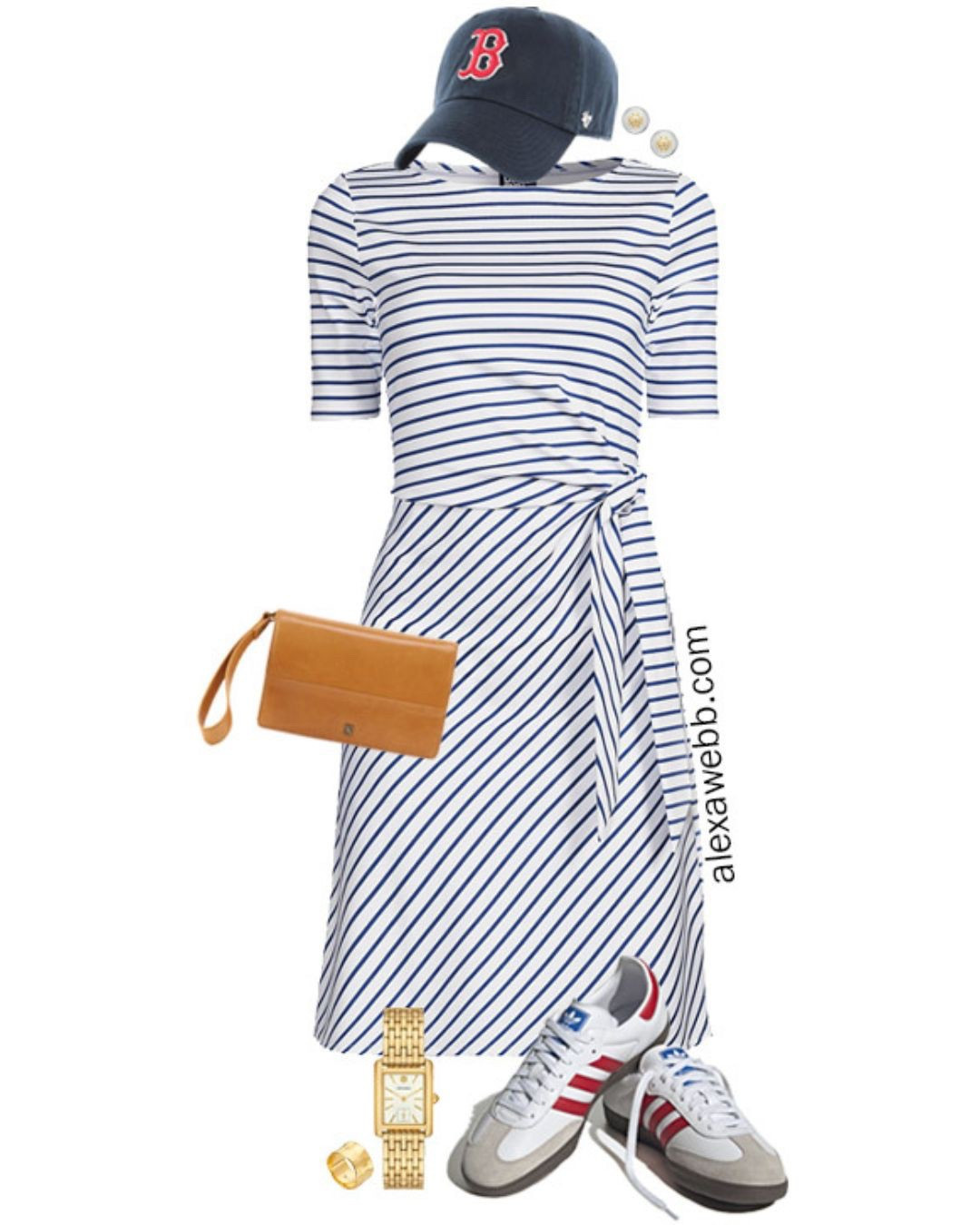 Plus Size Fourth of July Outfits 2024 - Look 6 - A plus size casual outfit for 4th of July parties and BBQs with an easy striped knit dress, adidas red stripe sneakers, baseball cap, and leather wristlet. Alexa Webb

#LTKStyleTip #LTKPlusSize #LTKSeasonal