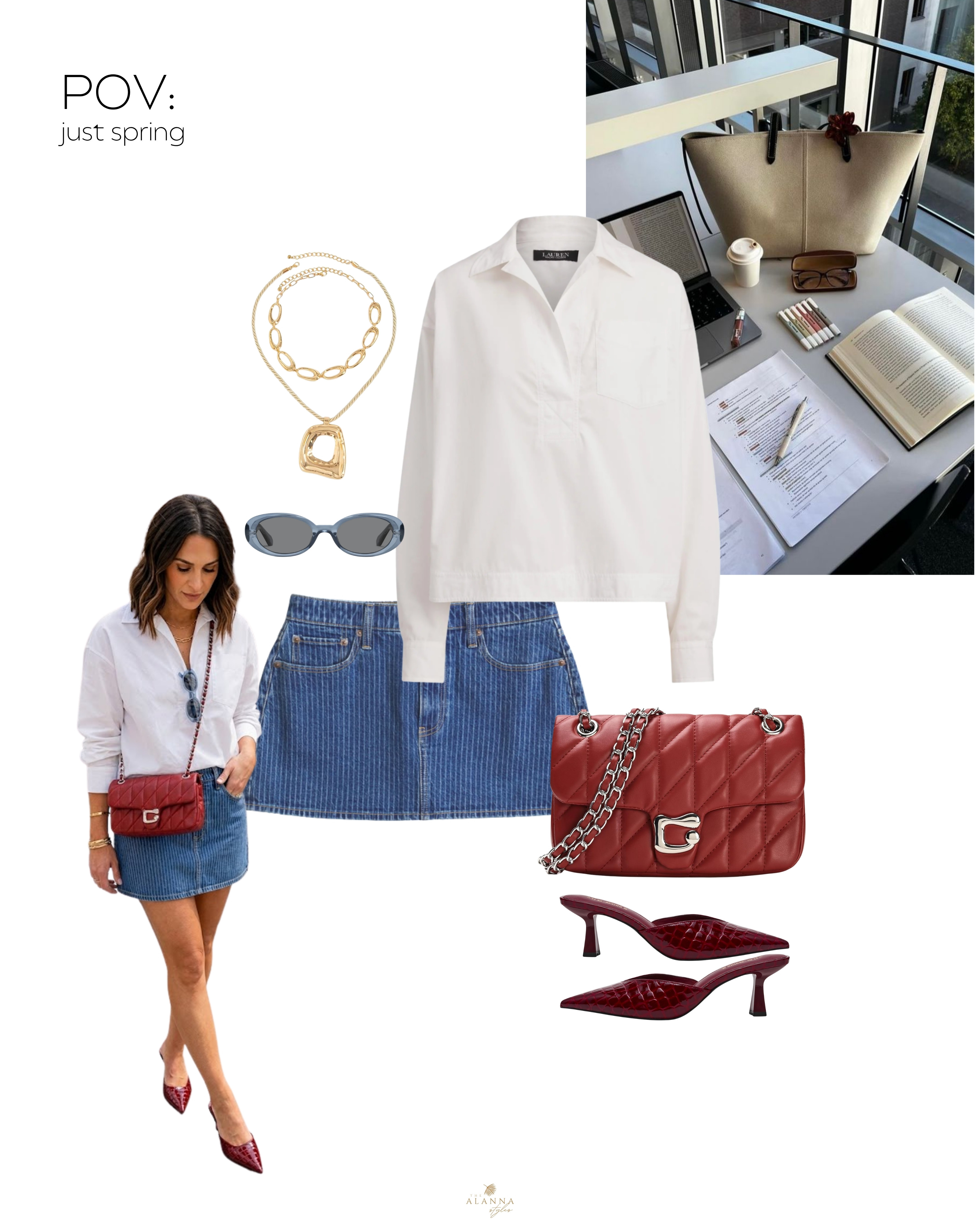 seeing red. ❤️‍🔥 there is nothing more classic than a crisp white button-down and a denim mini, but the burgundy accessories are what really make this look pop. these embossed mules and the quilted crossbody are the perfect way to add a little edge to your spring basics.

#springoutfit #redaccessories #denimmini #classicstyle #springtrends #mules #effortlesschic 

 #LTKootd