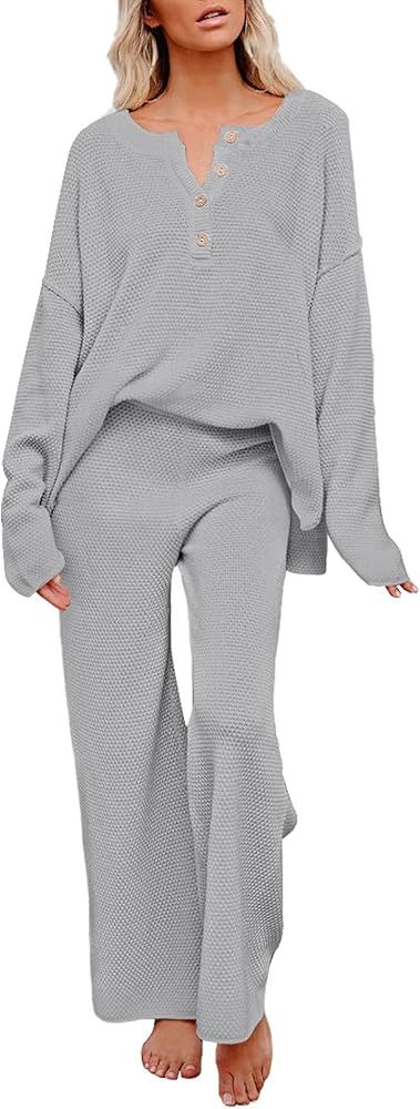 Viottiset Women's 2 Piece Outfits Sweatsuit Knit Long Sleeve Sweater Wide Leg Pants Loungewear | Amazon (US)