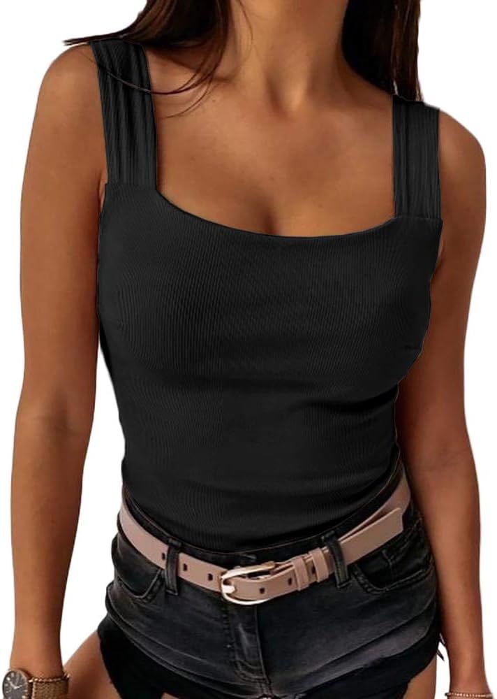 Womens Sexy Low Cut Square Neck Tank Top Casual Thick Strap Summer Solid Top | Amazon (US)