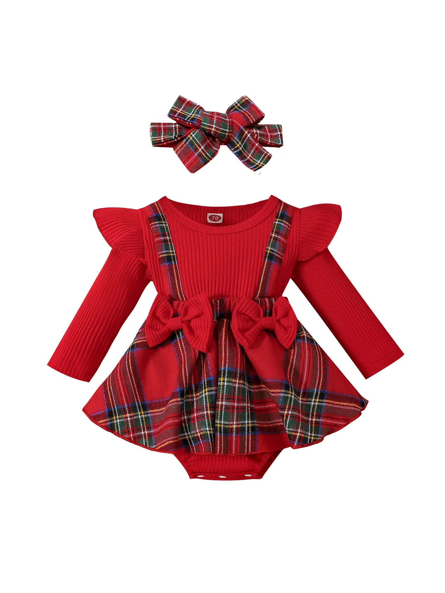 Infant Baby Girl Christmas Romper Dress Long Sleeve Plaid Knitting Loose Short Jumpsuit + Headban... | Walmart (US)