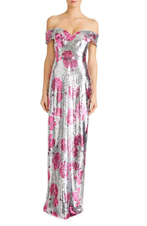 ML Monique Lhuillier Estelle Sequin Off the Shoulder Gown in Silver Dancing Poppies at Nordstrom, Size 4 | Nordstrom