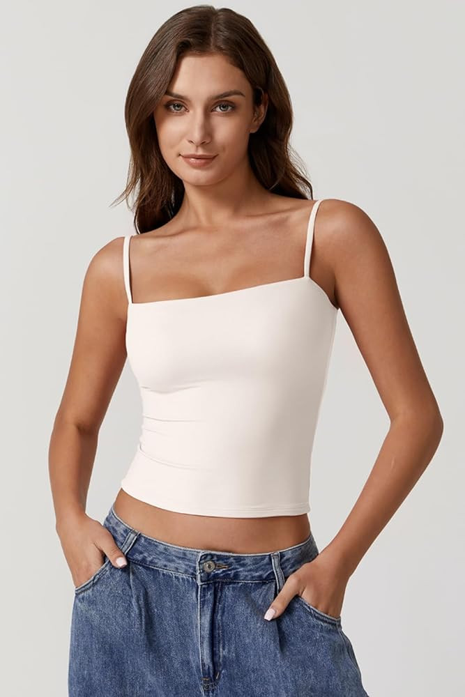 QINSEN Women's Double Lined Basic Tank Top Adjustable Spaghetti Straps Sleeveless Camisole Shirts | Amazon (US)