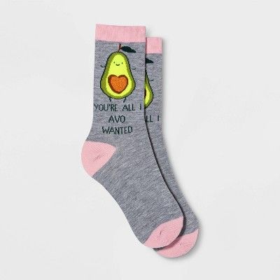 Women's "You're All I Avo Wanted" Avocado Valentine's Day Crew Socks - Heather Gray One Size | Target