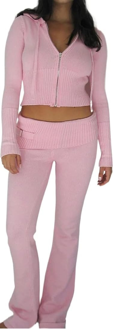 SOLILOQUY Women Knitted Crochet Ribbed Two Piece Set Y2k Crop Hooded Crop Tops And Low Rise Long ... | Amazon (CA)