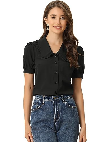 Allegra K Women's Peter Pan Collar Shirt Puff Short Sleeve Retro Vintage Button Down Shirts | Amazon (US)