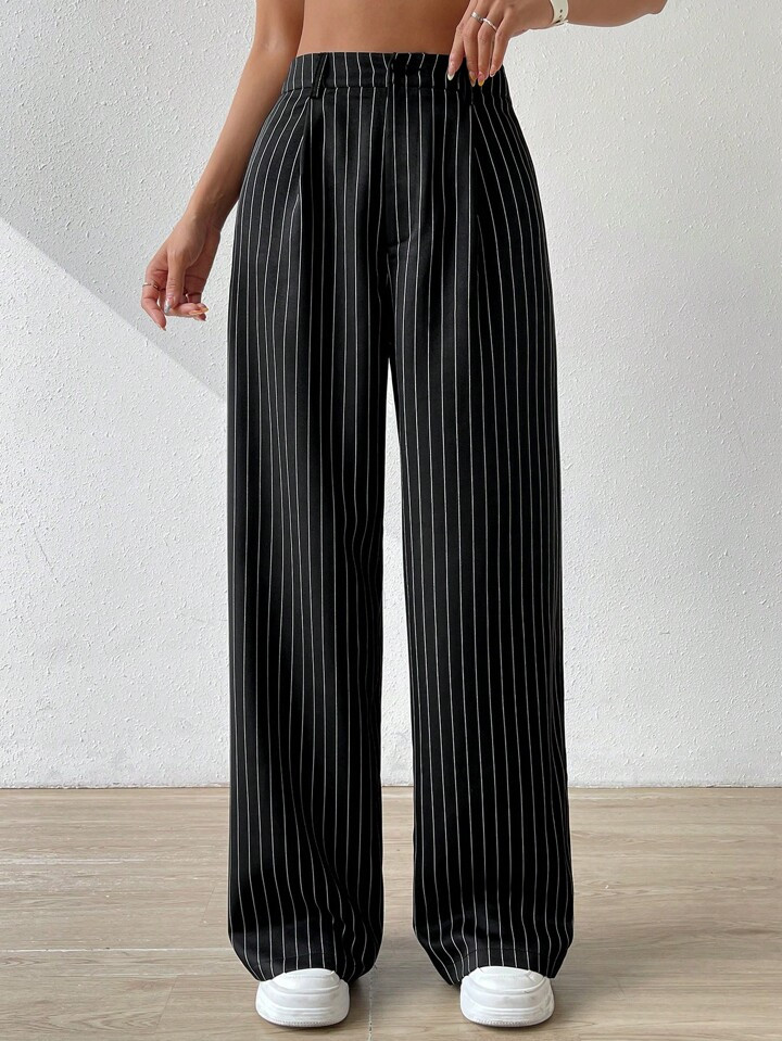 SHEIN EZwear Women's Summer Mid Rise Pinstripe Straight Leg Pants | SHEIN USA | SHEIN