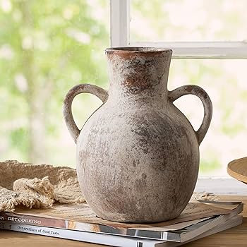 SIDUCAL Rustic Ceramic Farmhouse Flower Vase with 2 Handles, Whitewashed Terra Cotta Vase, Decora... | Amazon (US)