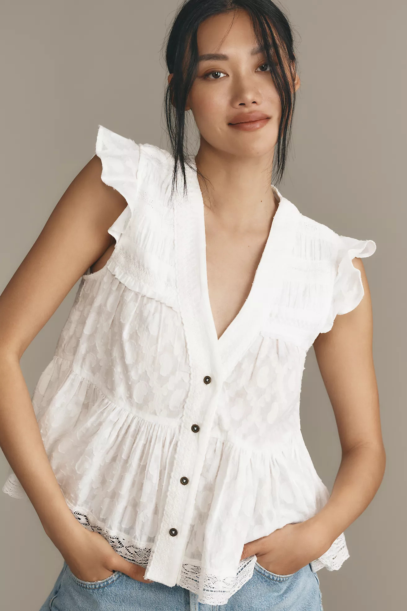 Pilcro Cropped Peplum Short Sleeve Button-Front Top | Anthropologie (US)