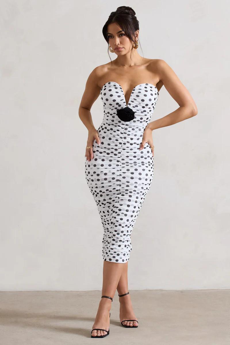 Taken | White Polka Dot Ruched Mesh Midi Dress With Corsage | Club L London