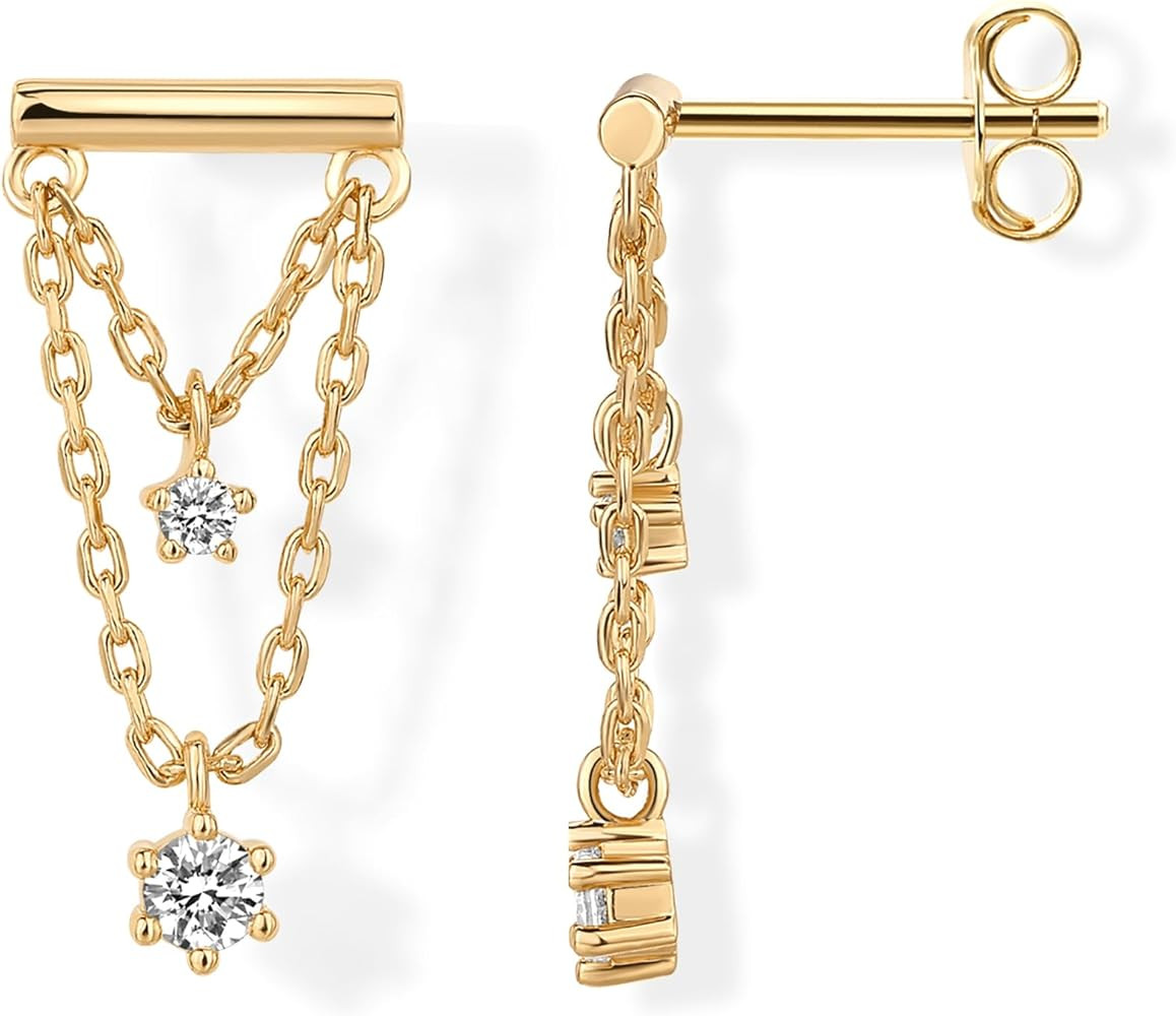 PAVOI 14K Gold Plated 925 Sterling Silver Posts Bar Drape Chain Earrings for Women | Cubic Zircon... | Amazon (US)