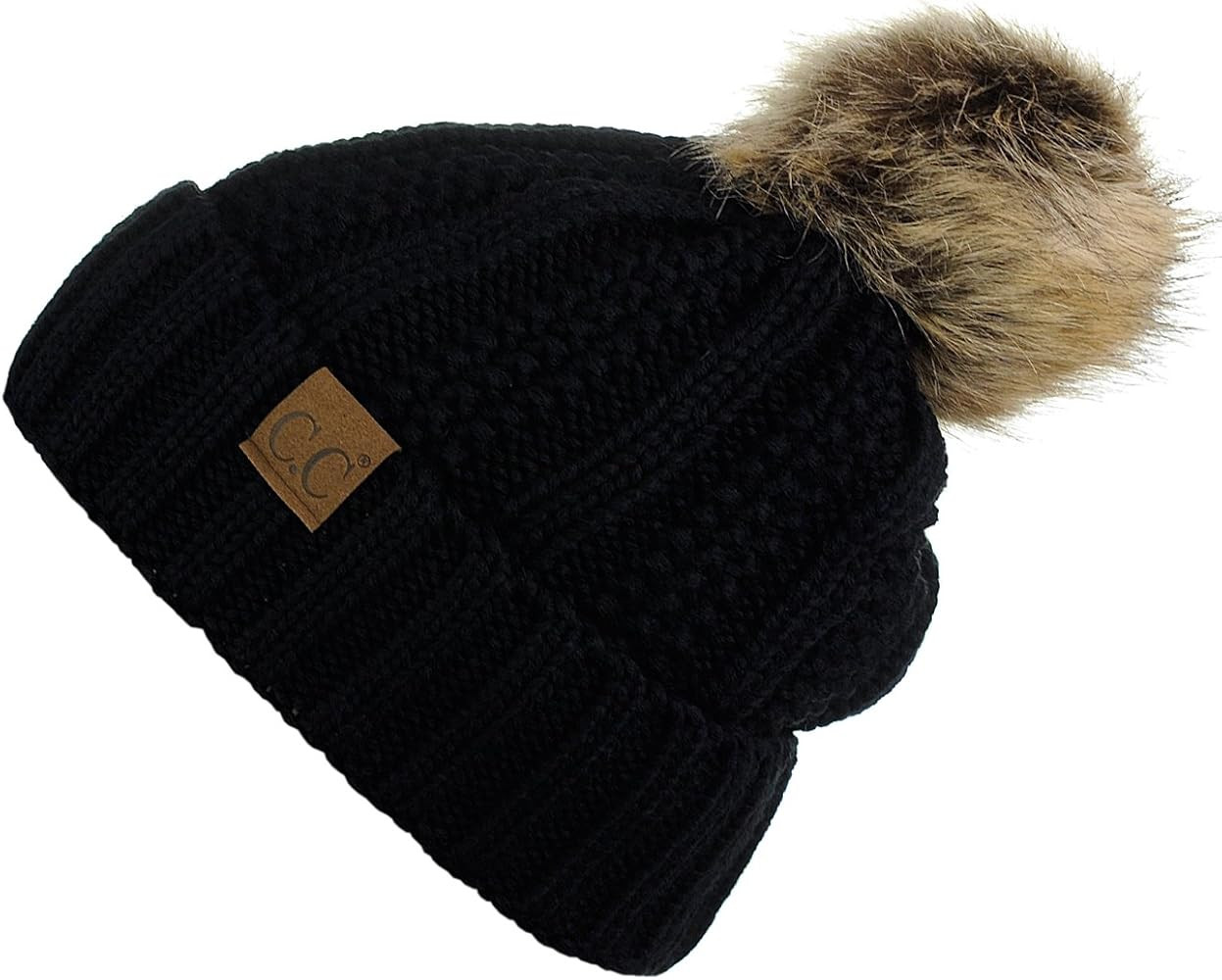 C.C Thick Cable Knit Faux Fuzzy Fur Pom Fleece Lined Skull Cap Cuff Beanie | Amazon (US)