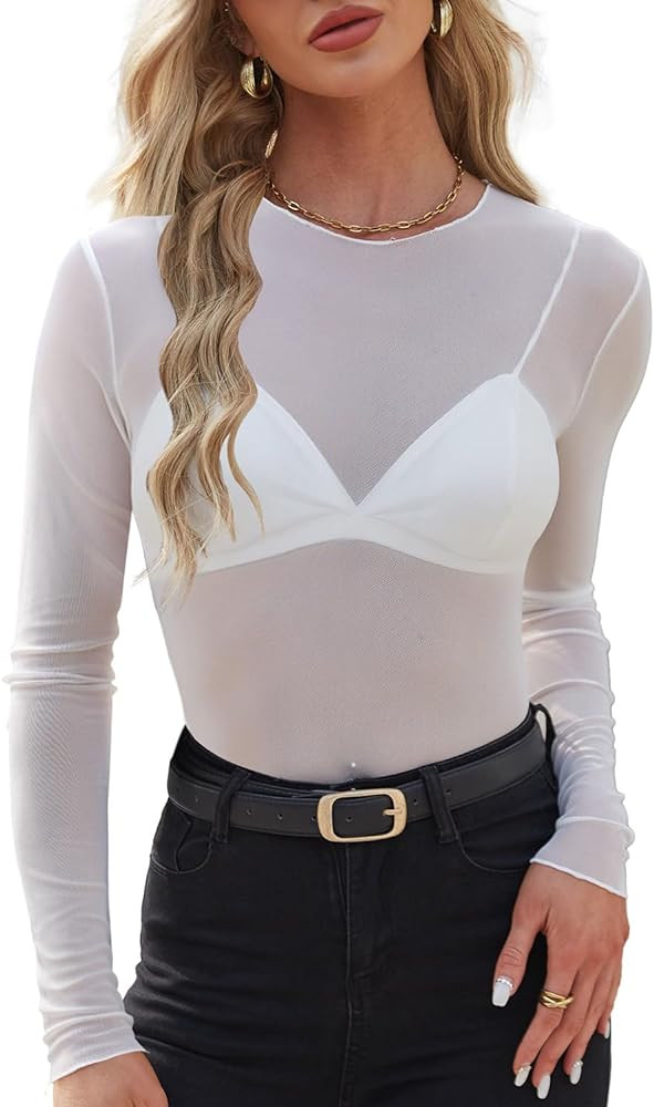 WIHOLL Womens Mesh Sheer Tops Sexy Crew Neck Summer Loose FIt Party Clubwear Shirts | Amazon (US)