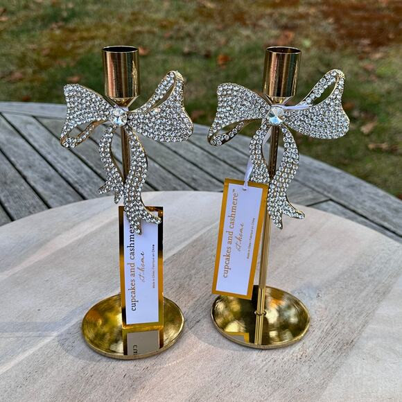 NEW Cupcakes and Cashmere Rhinestone Gold Bow Taper Candle Holders Set of 2 | Poshmark