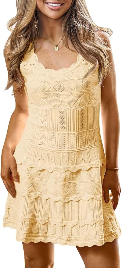 Saodimallsu Womens Ruffle Mini Dress Sleeveless A Line Fit and Flare Square Neck Crochet Knit Tan... | Amazon (US)