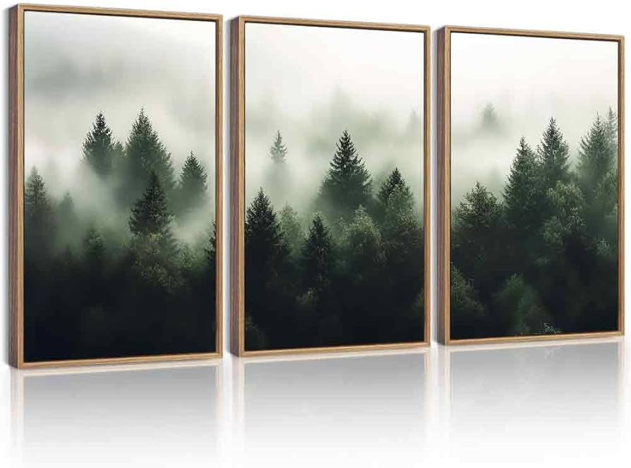 KUVIOKE Morden Green Fog Pine Tree Framed Canvas Wall Art Nature Nordic Forests Artwork Painting ... | Amazon (US)