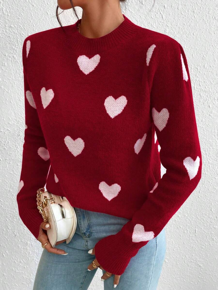 EMERY ROSE Heart Jacquard Crew Neck Casual Long Sleeve Women Sweater, Autumn/Winter | SHEIN