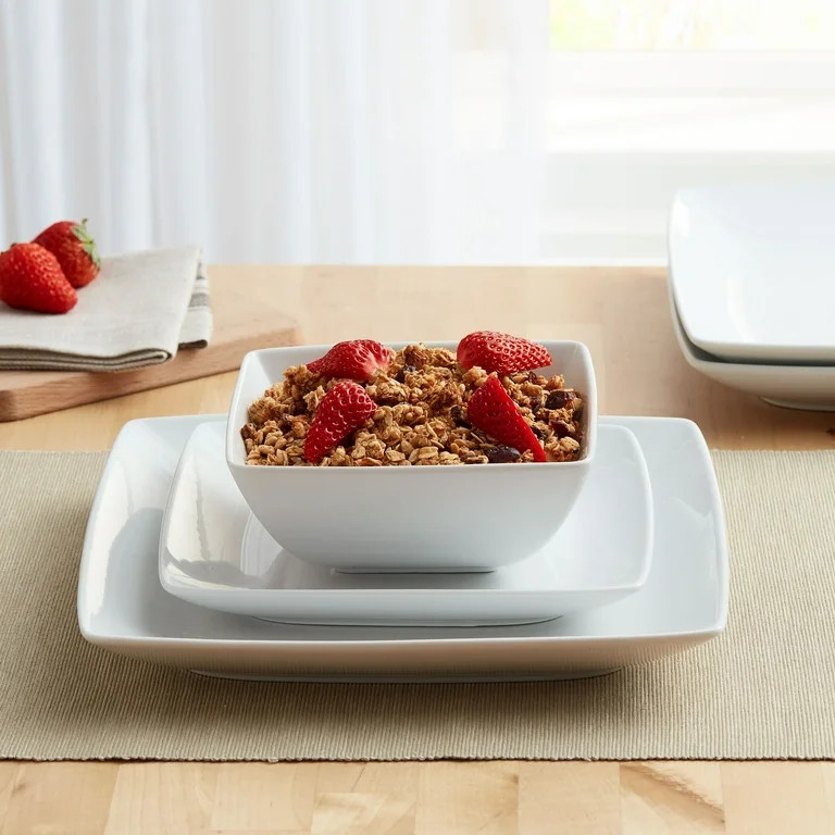 Better Homes & Gardens Loden Square White 12-Pieces Porcelain Dinnerware Set | Walmart (US)