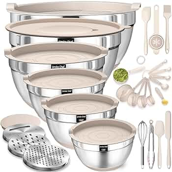 Mixing Bowls with Airtight Lids Set, 26PCS Stainless Steel Khaki Bowls with Grater Attachments, N... | Amazon (US)