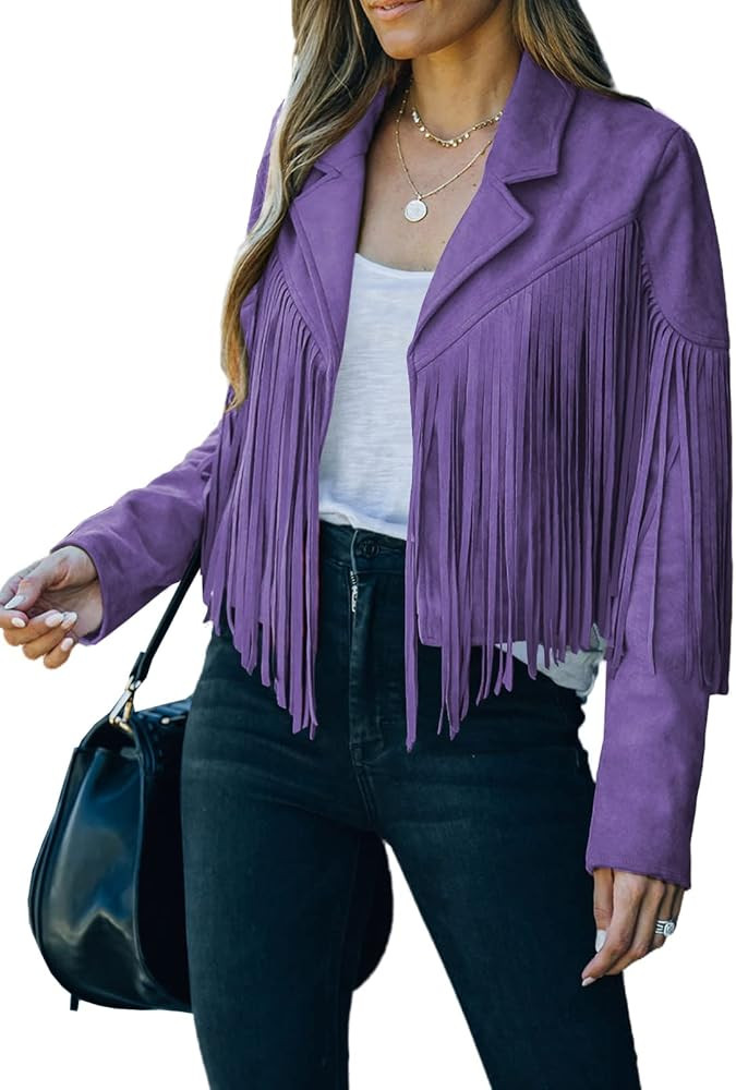 Dokotoo Womens 2023 Fashion Faux Suede Tassel Jackets Lapel Cropped Motorcycle Jacket Outerwear | Amazon (US)