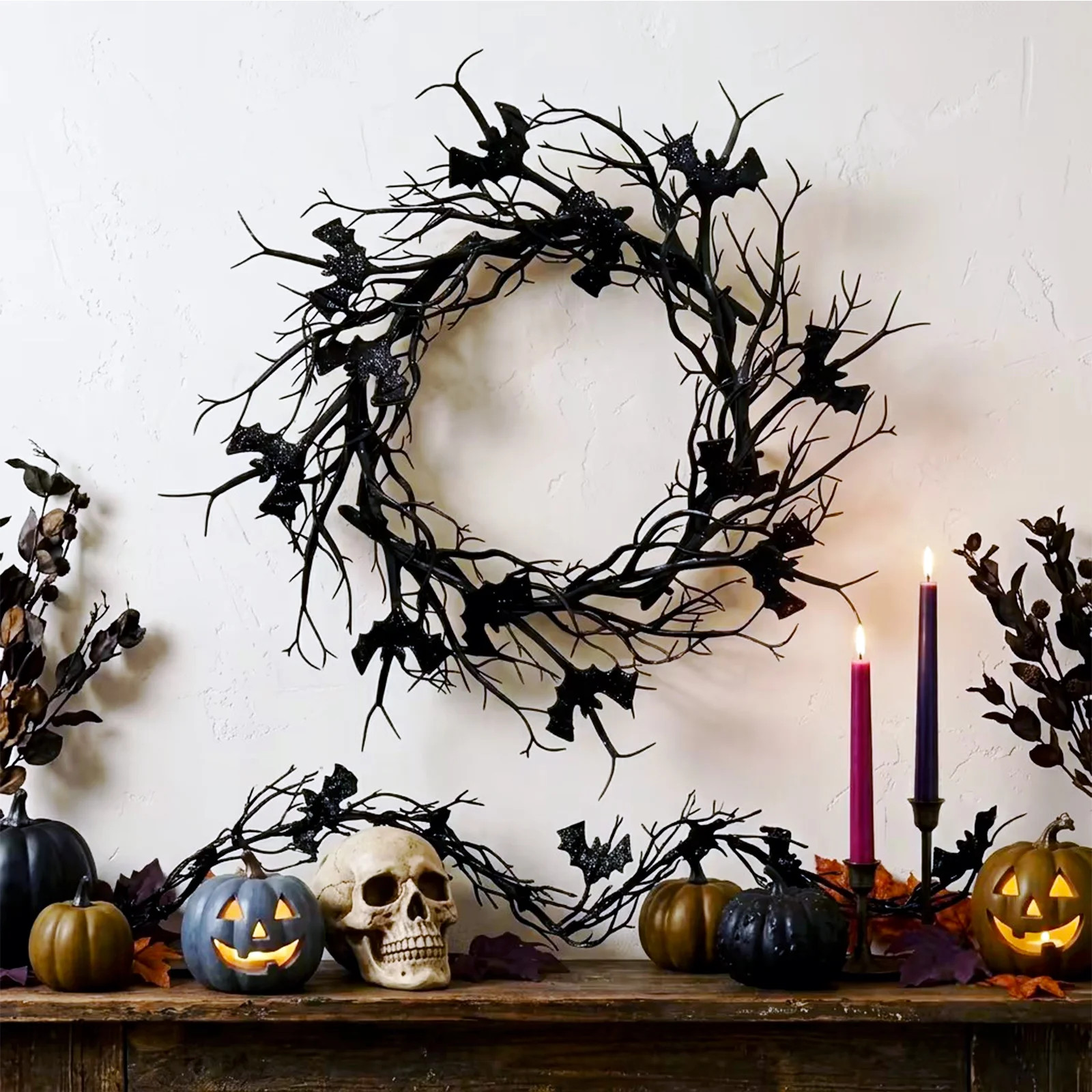 WWC Halloween Wreath, 18 inch Black Bats and Bare Branch Wreath, Gothic Halloween Decor Twig Wrea... | Walmart (US)