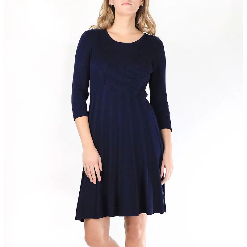 Women's Nina Leonard Pleated Skirt Fit & Flair Sweater Dress, Size: Medium, Blue | Kohl's