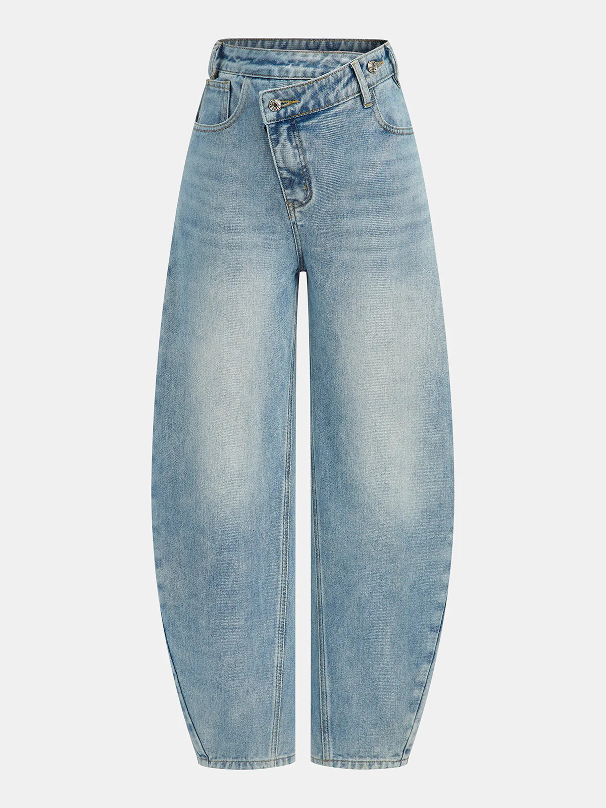 High-Waist Denim Asymmetric Curved-Leg Jeans | Commense
