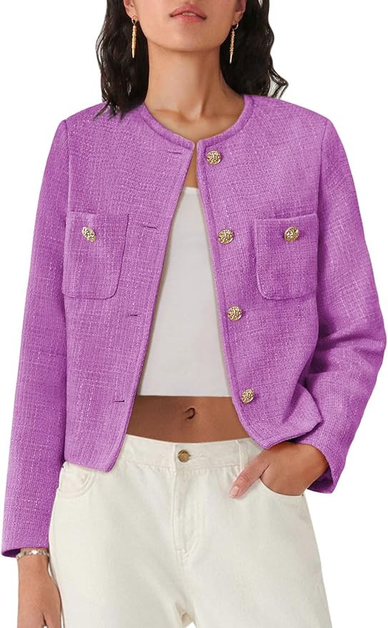 Women's Tweed Blazers Long Sleeve Business Button Down Casual Cropped Blazer Jackets with Pockets | Amazon (US)