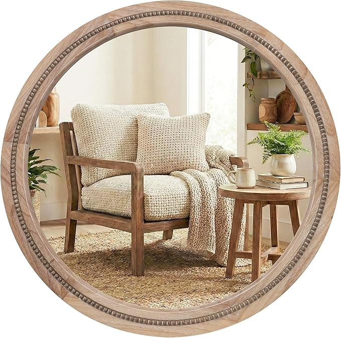 30" Round Solid Wood Mirror for Bathroom Vanity, Handcrafted Beaded Circle Wall Mirror - Natural ... | Amazon (US)