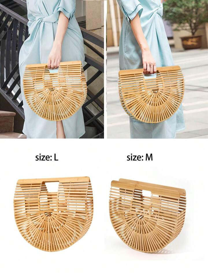 1pc Spring/Summer Trendy Handwoven Half Circle Bamboo Basket, Outdoors Ladies' Beach Tote, Large ... | SHEIN