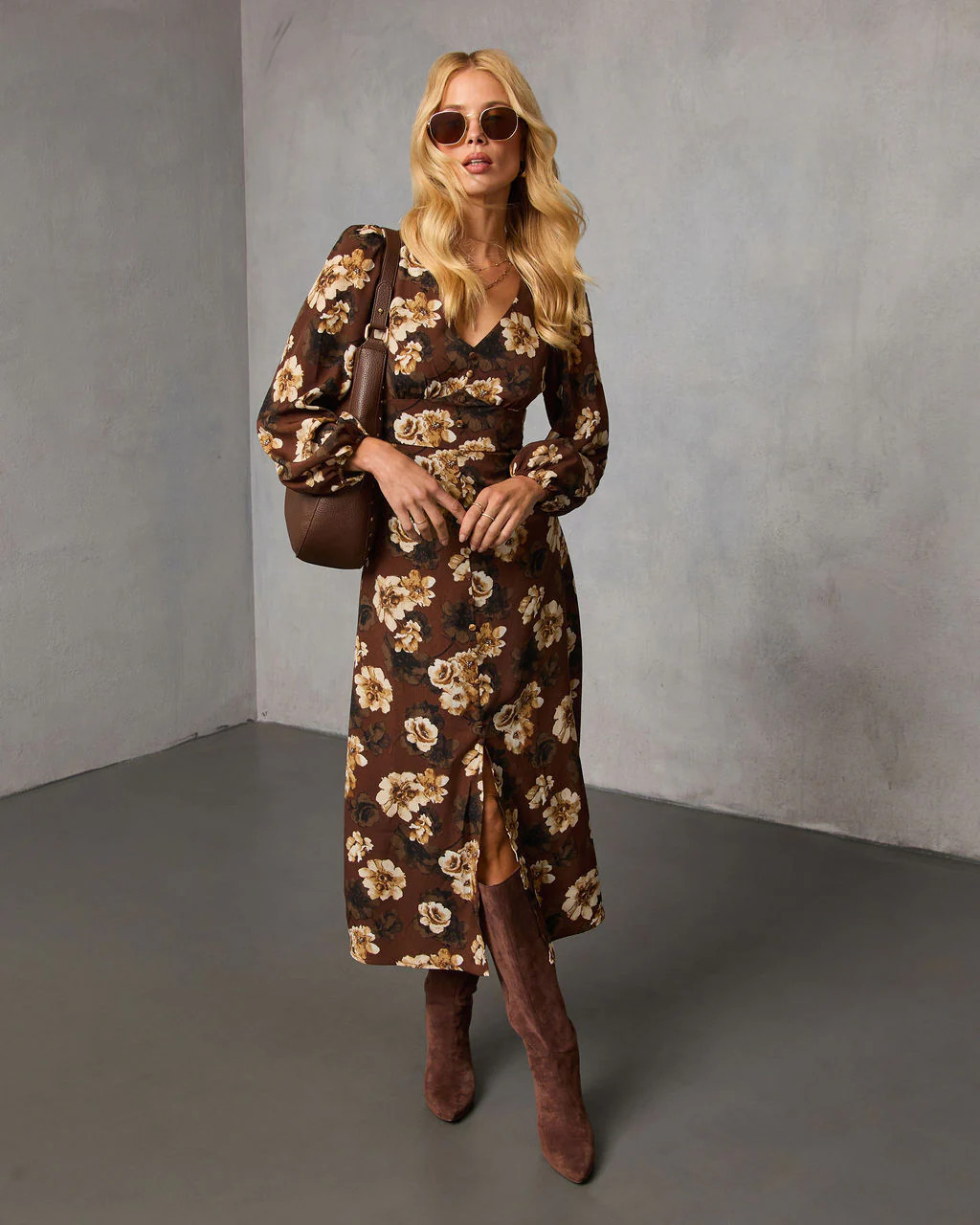 Sierana Printed Midi Dress - Brown Floral / L | VICI