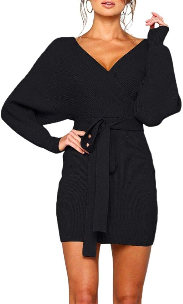 Amazon.com: Zonsaoja Women's Sweater Dress Sexy V Neck Long Sleeve Backless Wrap Knitted Mini Dre... | Amazon (US)