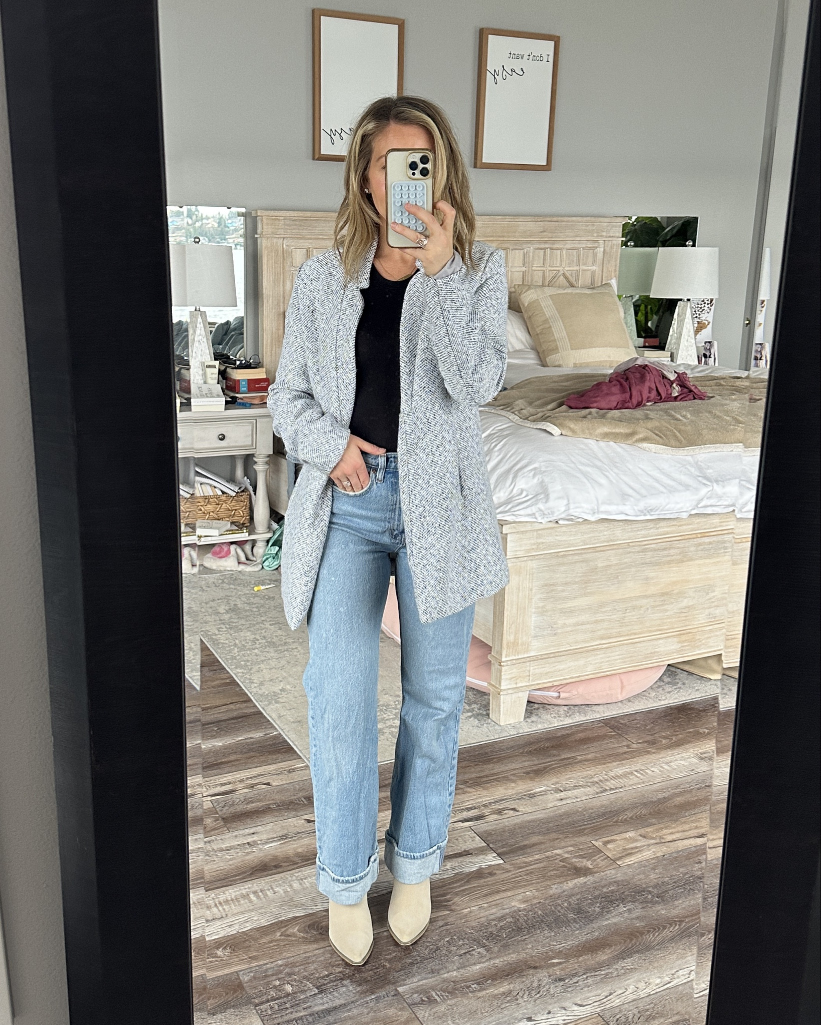 Casual chic ✨ jeans, simple bodysuit, booties and this jacket has become a staple! #momchic #casualchic 

#LTKSeasonal #LTKStyleTip #LTKFindsUnder100