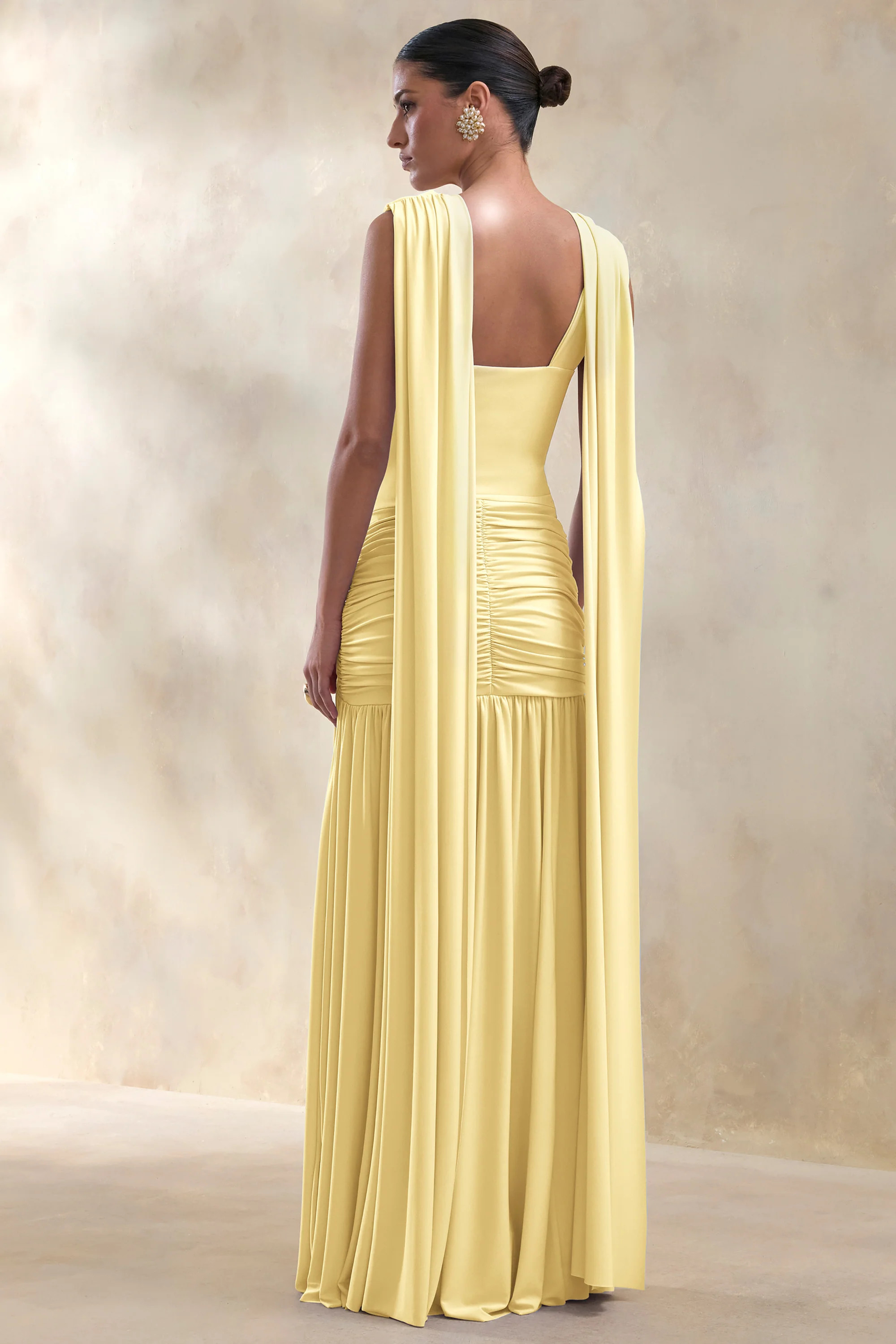 Amelisse | Lemon Plunge-Neck Maxi Dress With Ruched-Detailing | Club L London