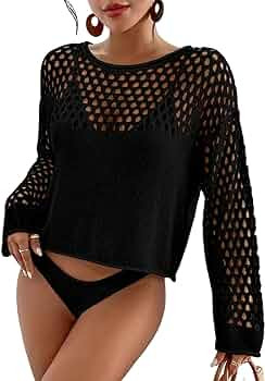 Bsubseach Swimsuit Coverup for Women Knitted Beach Cover Up Long Sleeve Crochet Tops | Amazon (US)