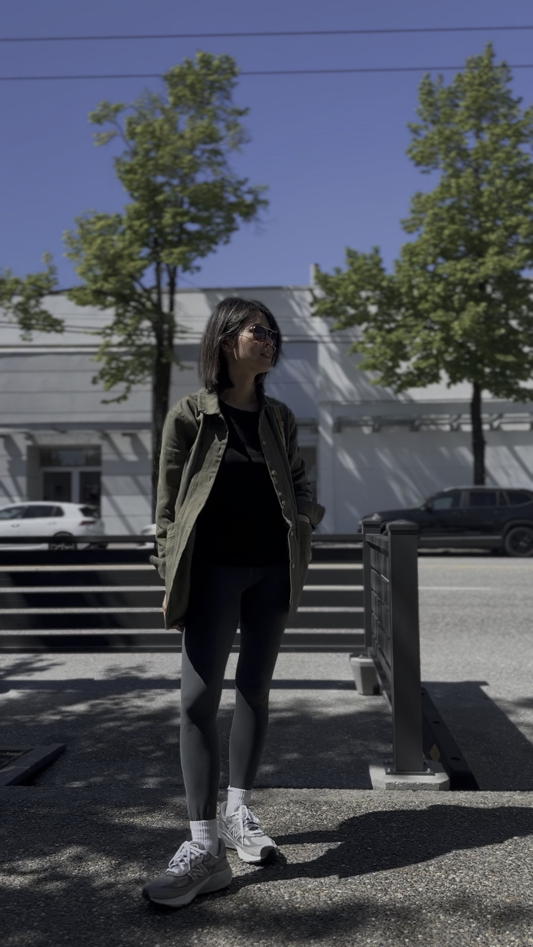 Jacket: Sezane Will jacket. Runs small. I sized up 
Leggings: old Lululemon grey leggings. Linked similar 
Sneakers: New Balance 990v6