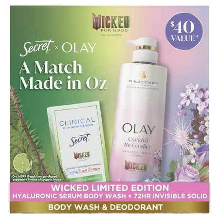 Wicked Enchanting Body Care Duo: Olay Limited Edition Serum Body Wash Glinda's Edition & Secret Clinical Antiperspirant 2.6 oz | Walmart (US)