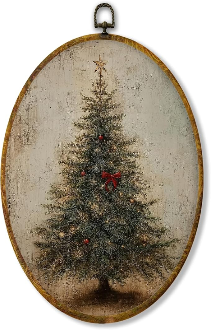Hiuwevt Vintage Christmas Tree Oval Wall Art Decor, Rustic Christmas Tree Framed Canvas Prints, C... | Amazon (US)