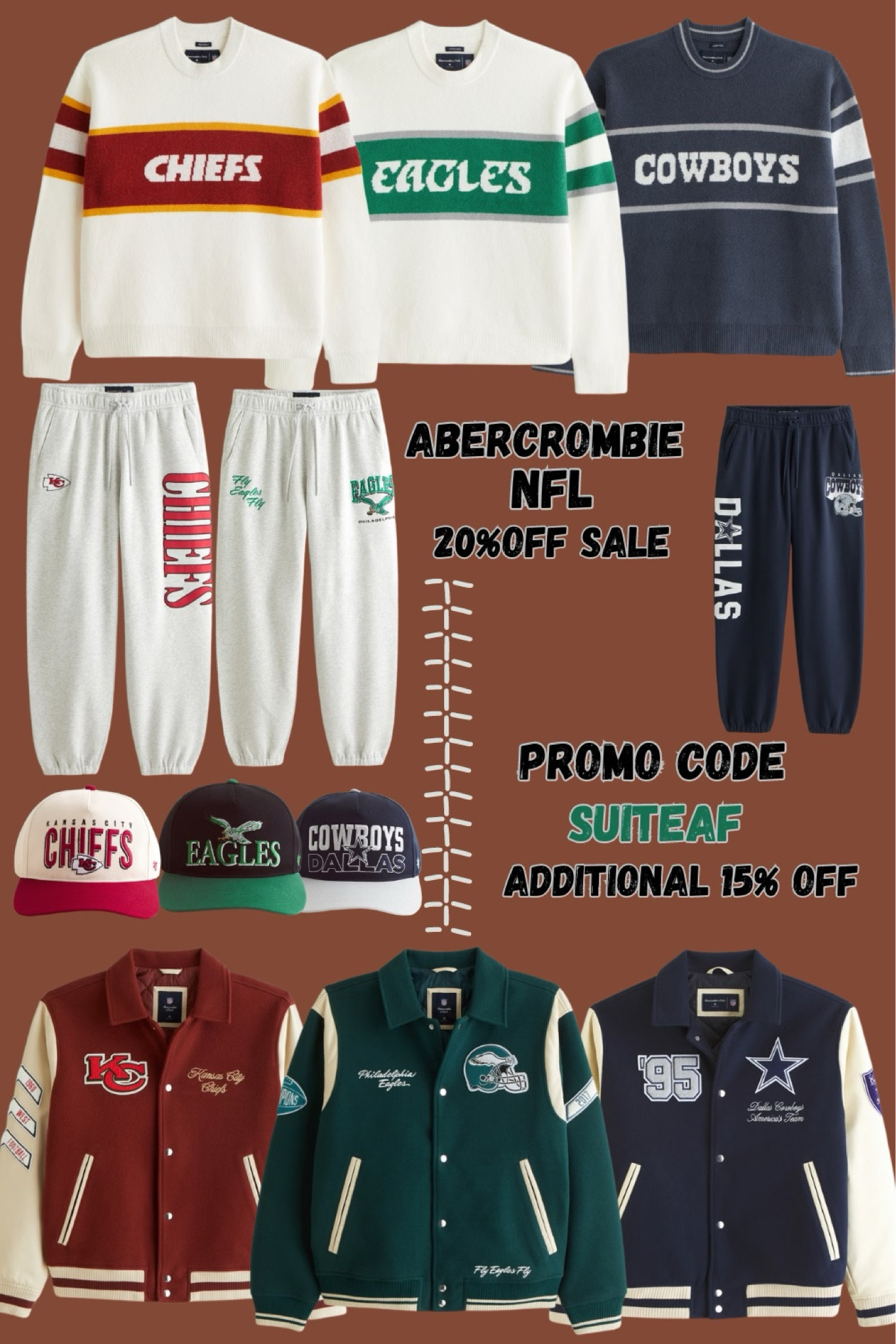 Score big on your favorite NFL team gear shop the Abercrombie by NFL collection featuring the Kansas City Chiefs Philadelphia Eagles and Dallas Cowboys choose from sweatpants, sweaters, hats, and varsity jackets use promo code SUITEAF for an additional 15% off don’t miss out. Click the link to shop now and wrap your team style. #nflfans #nflstyle #abercrombie #footballfashion #salealert #abercrombiepromocode

#LTKSaleAlert #LTKFallSale #LTKMens