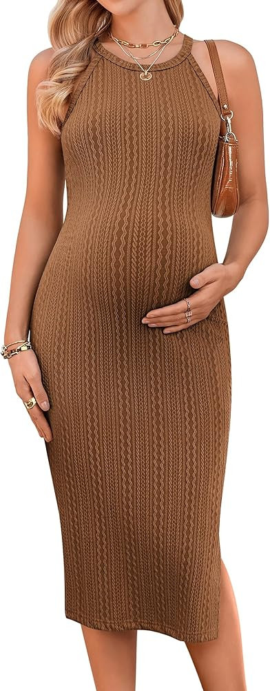 Ekouaer Maternity Dress Rib Knit Side Slit Stretchy Bodycon Pregnancy Dresses Halter Neck Sleevel... | Amazon (US)