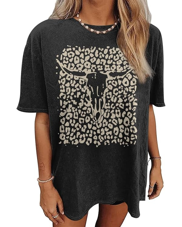 Western Cow Skull Shirts for Women Boho Cowgirl Shirt Vintage Acid Wash Tshirt Oversize Rodeo Gra... | Amazon (US)