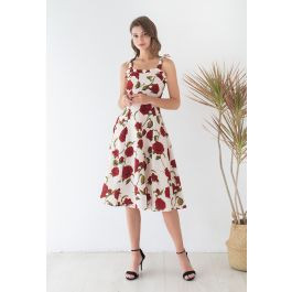 Serene Red Rose Tie-Strap Embossed Midi Dress | Chicwish