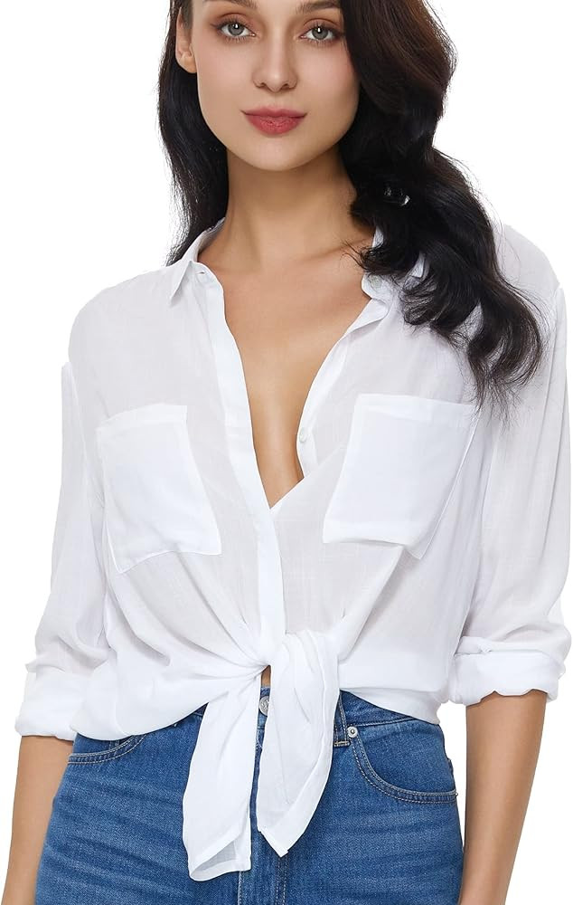 Womens Button Down Shirt Long Sleeve Button Up Shirt Ladies Work Blouses Loose Fit Tops | Amazon (US)