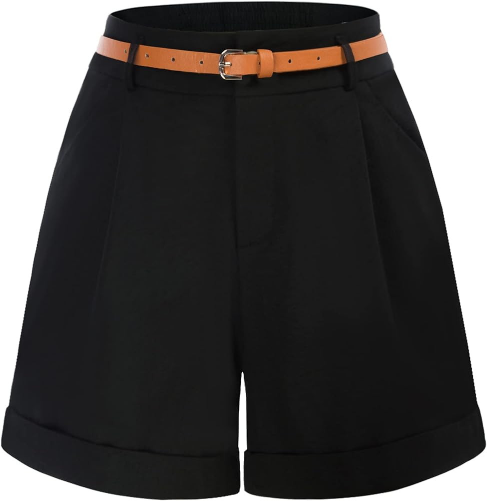 Belle Poque Women Bermuda Shorts Elastic Waist Wide Leg Shorts with Pockets & Belts | Amazon (US)