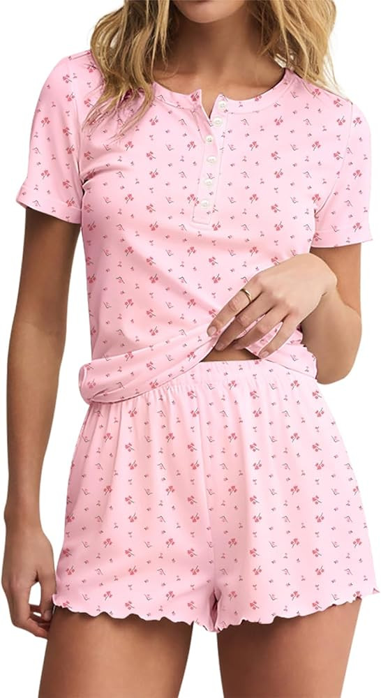 Lacozy Cute Pajama Sets for Women 2 Piece Short Sleeve Floral Print Button Shirt and Short Pj Set... | Amazon (US)