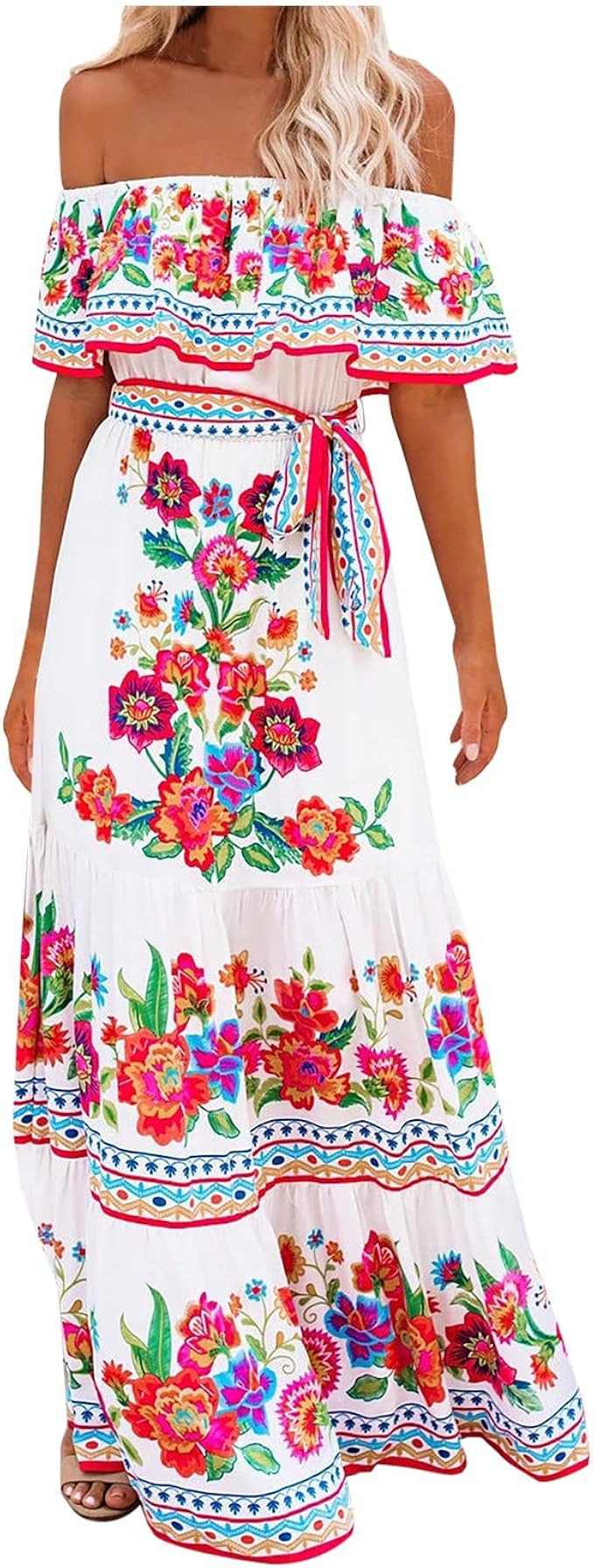 Ceimmol Mexican Dress for Women Off The Shoulder Floral Print Summer Party Casual College Graduat... | Amazon (US)