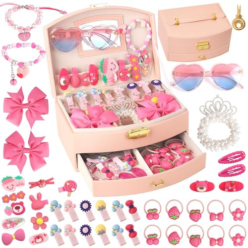 OneCocoa Girls, Girls' Hair Accessories & Jewelry Organizer Set with Jewelry Box, Hair Clips, Sunglasses and Bracelet Birthday Gifts for Girls Age 3,4,5,6,7,8-10 (Rose Pink) | Amazon (US)