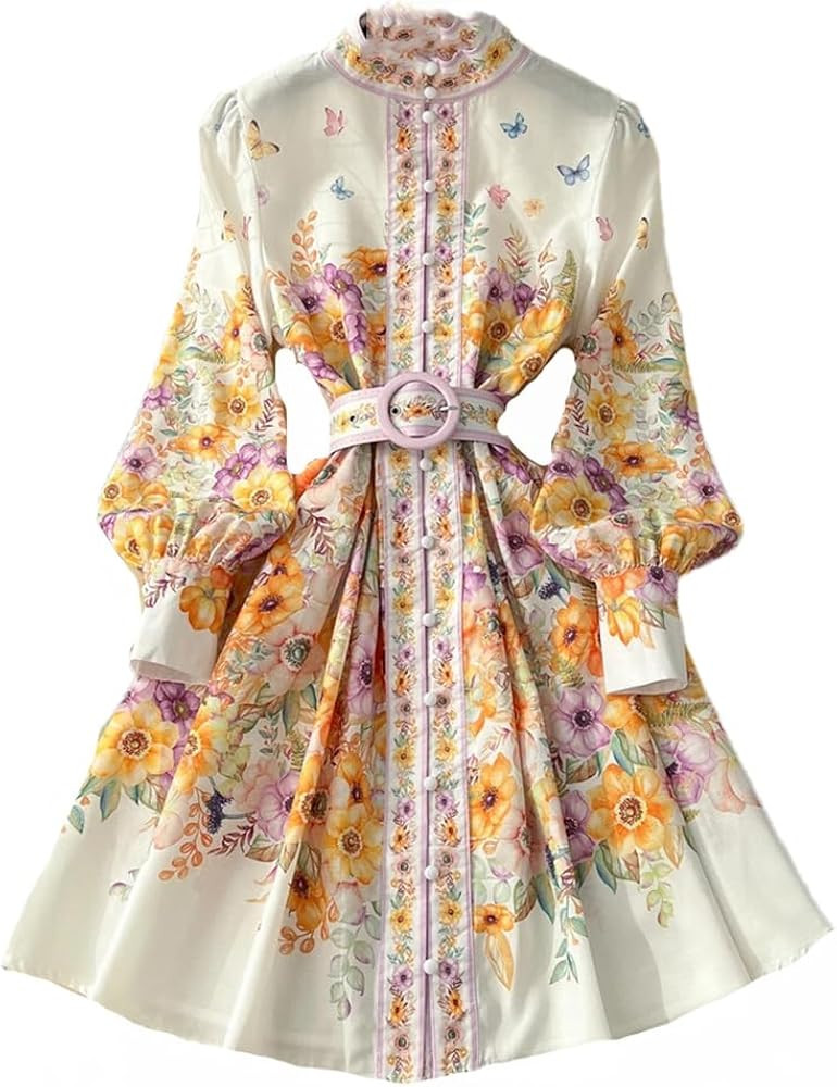 Women's Floral Print Dress O Neck Long Sleeve Belted Summer Mini Dress | Amazon (US)