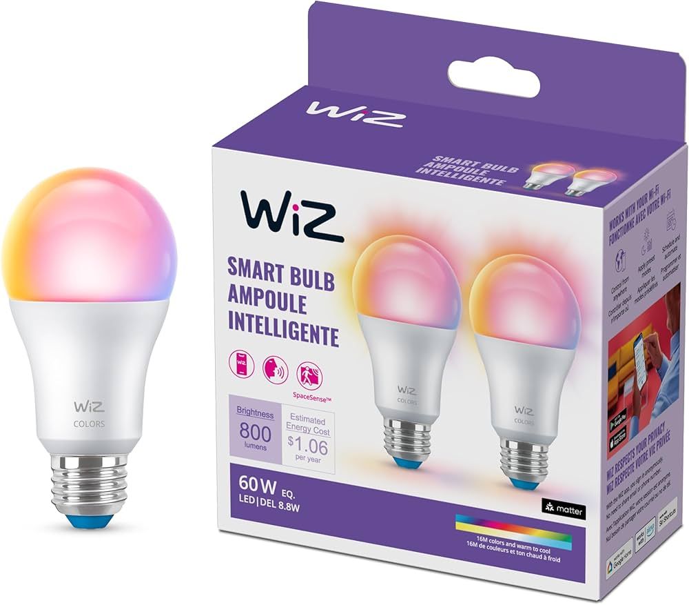 WiZ 60W A19 Color LED Smart Bulb - Pack of 2 - E26- Indoor - Connects to Your Existing Wi-Fi - Co... | Amazon (US)